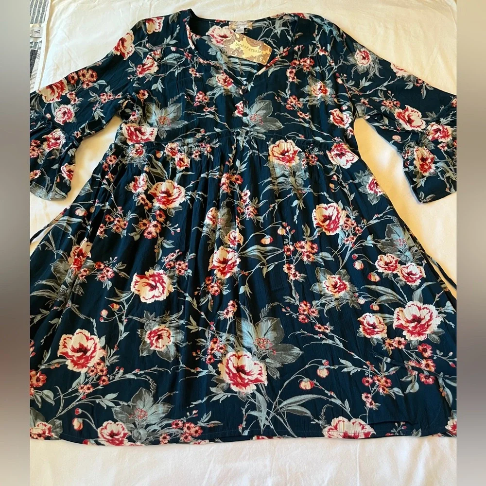 Band of Gypsies BOG Collective Casual Boho Mini Dress Blue Floral Size 2X NWT - Picture 3 of 7